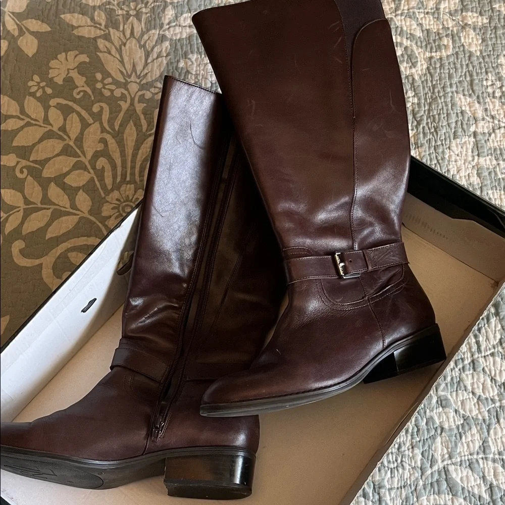zip up LRL Brown Leather Knee-High Boots with side buckle - Picture 3 of 15